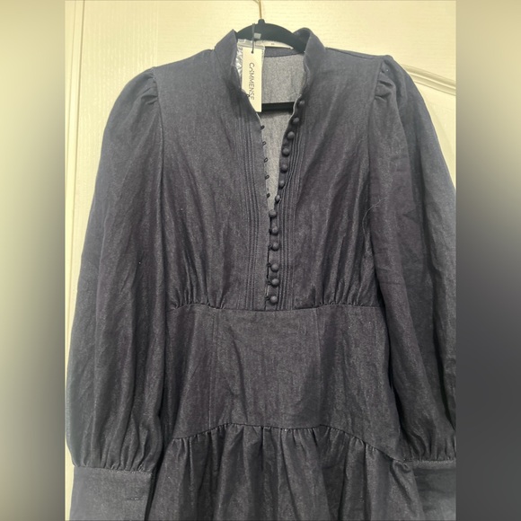 Commense Denim Navy Dark Blue Stand Collar Puff Sleeve Mini Dress Size XS - Picture 4 of 5